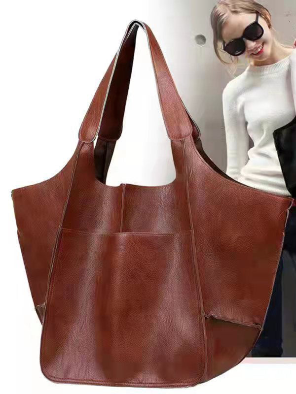 Simple Large Bag Soft Leather Large Capacity One Shoulder Portable Tote Bag - Olive yellow / F