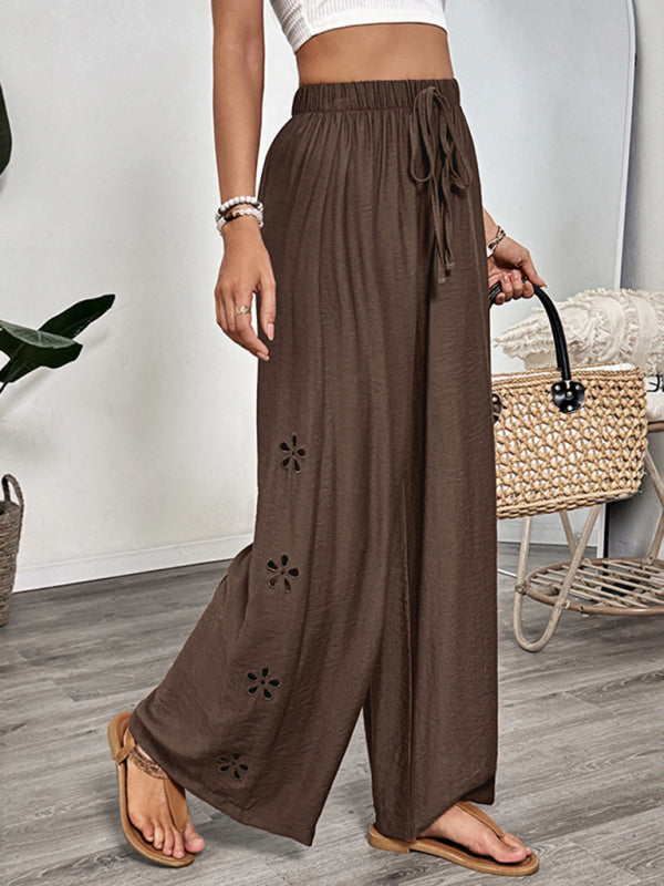 Brown floral-cutout drawstring loose wide-leg pants from Simple Style with embroidery
