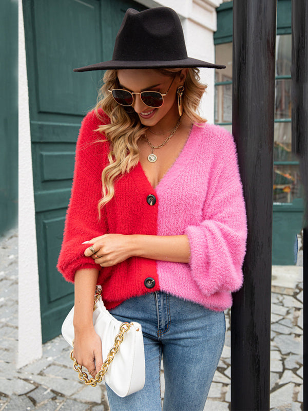 Single-breasted patchwork cardigan sweater