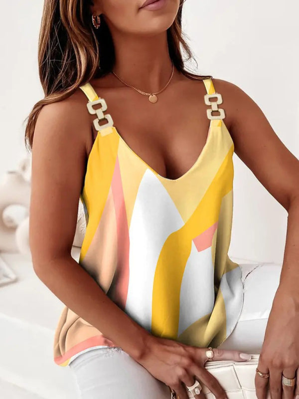 Sleeveless Chain Halter Print Ladies Tank Top - Yellow / S