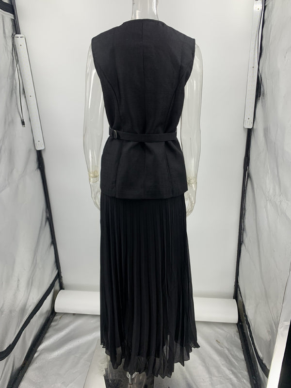 Black belted vest and pleated skirt from Sleeveless Chanel style two-piece set