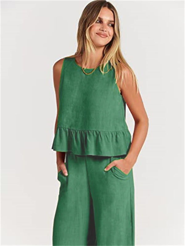 Sleeveless pleated vest wide-leg cropped pants casual suit - Olive green / S