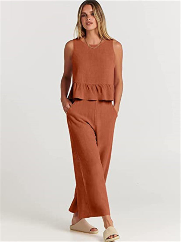 Sleeveless pleated vest wide-leg cropped pants casual suit - Orange Red / S