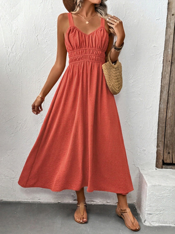 Sleeveless Strapless Casual Pleated Dress - Dark Red / S