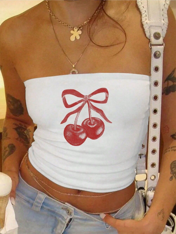 Sleeveless Tube Top with Cherry Print Y2K Top - Pattern1 / S