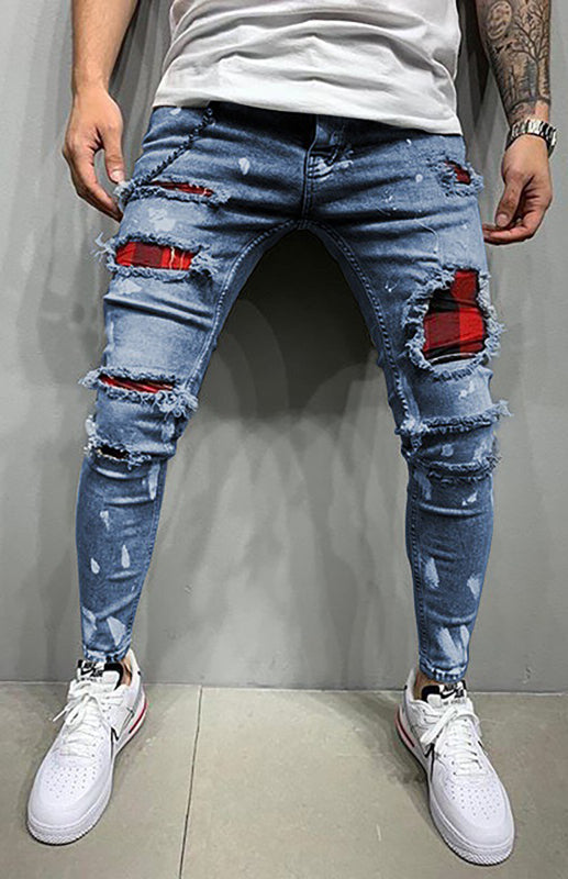 Slight elastic cotton blend knit solid denim jeans with slant pockets - Blue / S