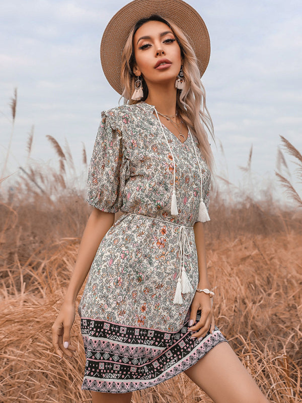 Slim Fit Fringed V-Neck Tie Floral Dress - Grey / S
