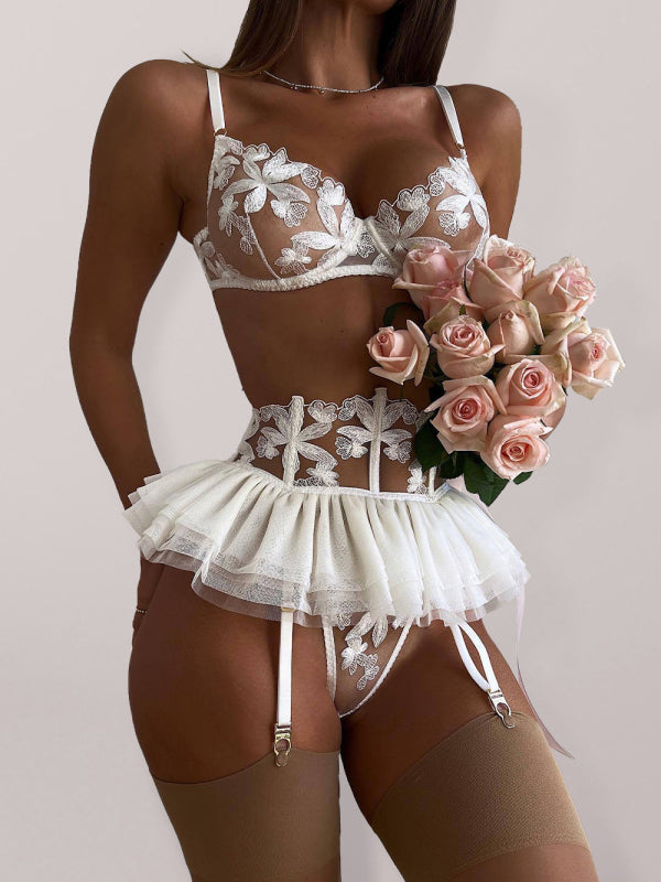 Small skirt embroidered bra garter belt three-piece sexy underwear - White / S