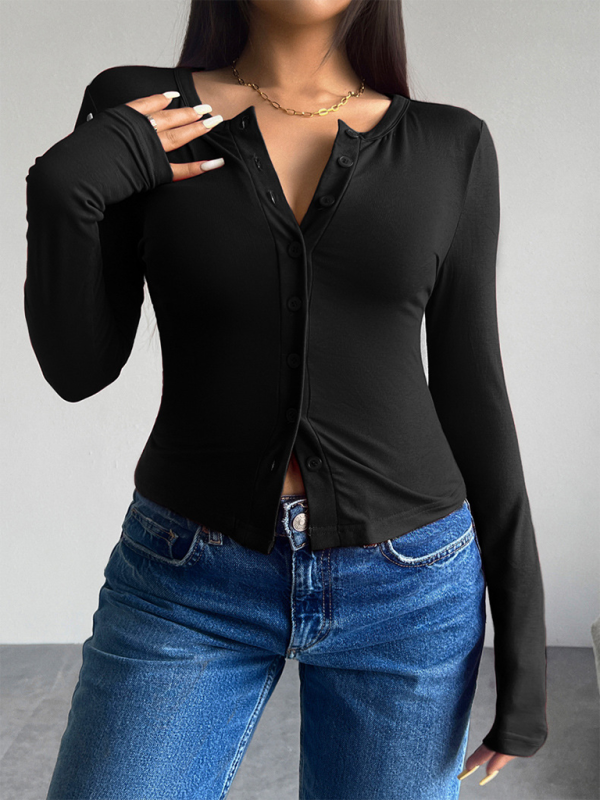 Solid color black long-sleeved button-up top from Solid Color Cardigan collection