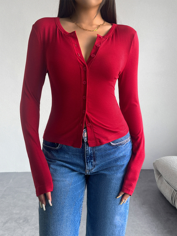 Red solid color long-sleeved button-down shirt from Solid Color Cardigan collection