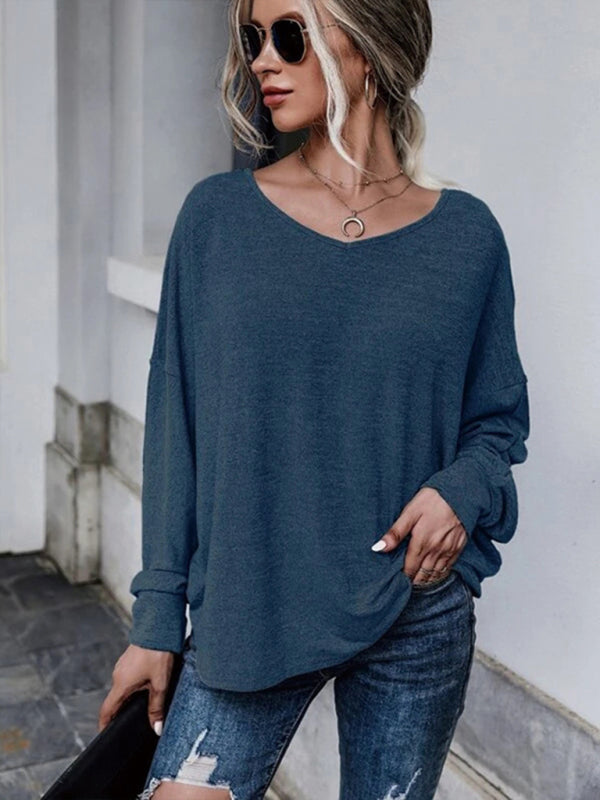 Solid color loose tie back drop shoulder T-shirt loose casual all-match - Purplish blue navy / S