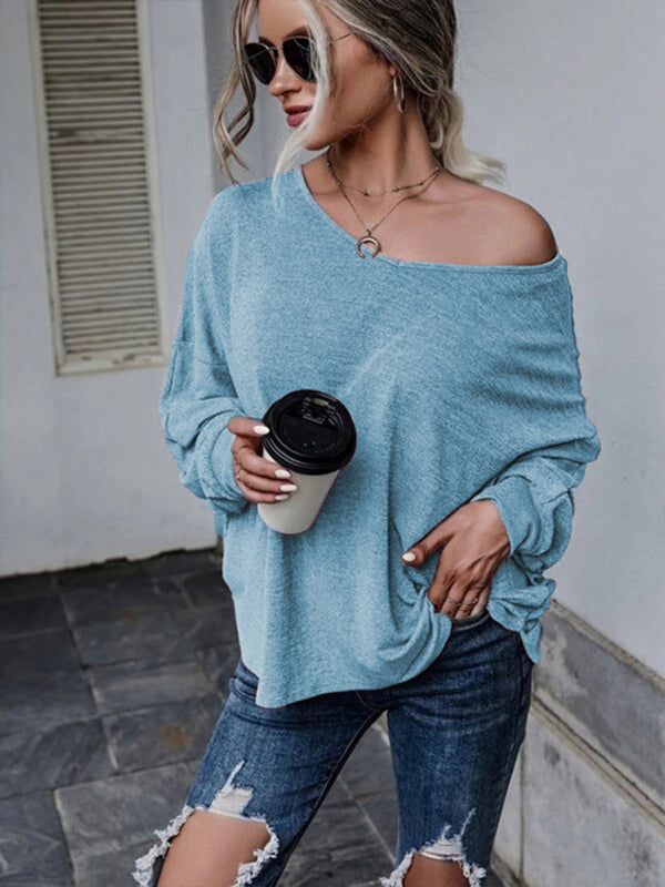 Solid color loose tie back drop shoulder T-shirt loose casual all-match - Blue / S