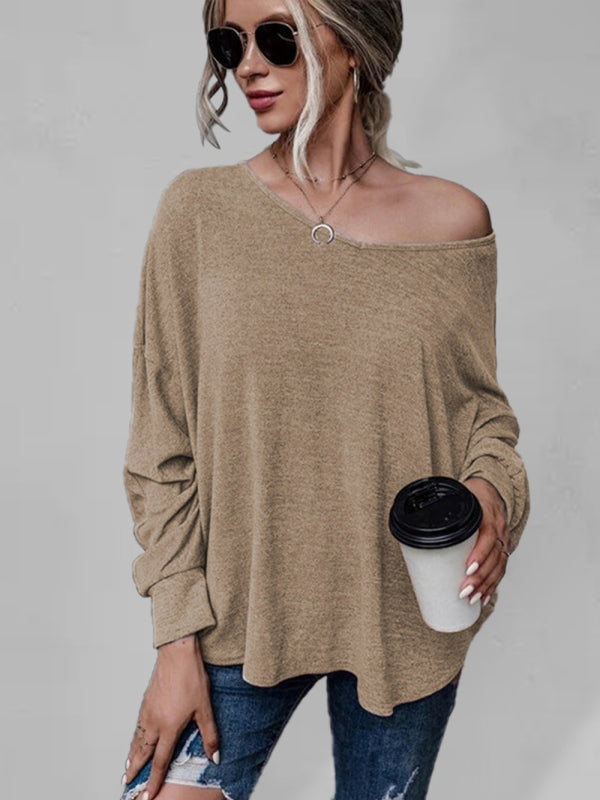 Solid color loose tie back drop shoulder T-shirt loose casual all-match - Khaki / S