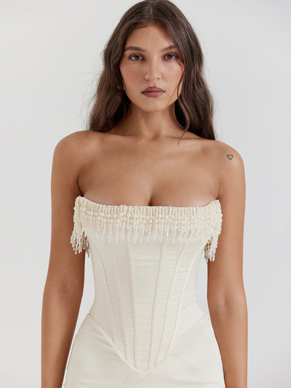 Solid Color Sexy Sleeveless Off-Shoulder Pearl Fishbone Slit Dress Skirt Women’s Dress