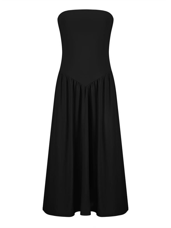 Solid color tube top elegant waist pleated pocket long dress