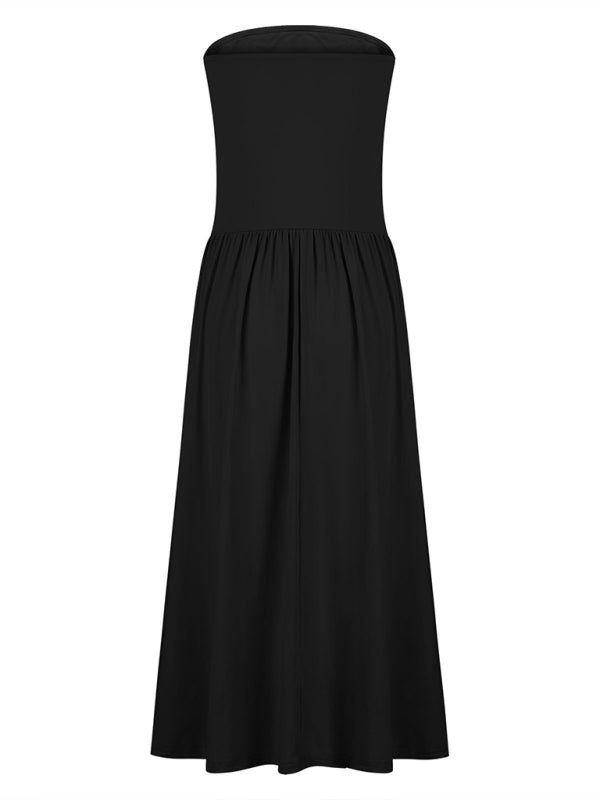 Solid color tube top elegant waist pleated pocket long dress