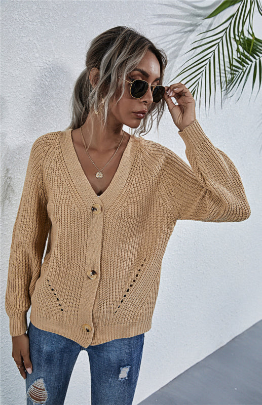 Solid V-Neck Lantern Sleeve Button Knit Cardigan - Khaki / S
