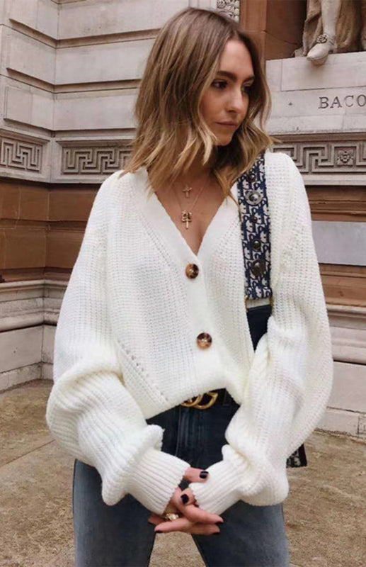 Solid V-Neck Lantern Sleeve Button Knit Cardigan - Raw white off white / S