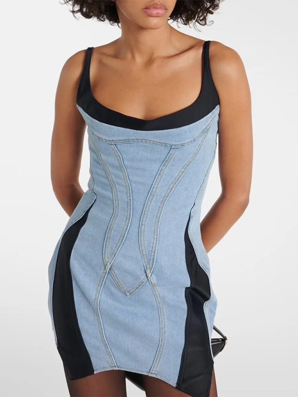 Spliced suspender hip-wrapped denim dress - Blue / S