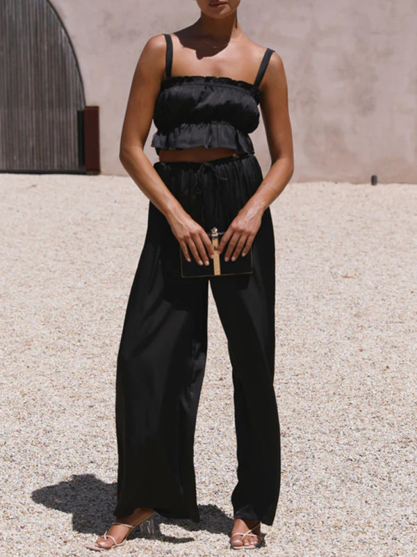 Spring and summer women’s clothing one-neck suspenders wide-leg pants fashion suit - Black / S