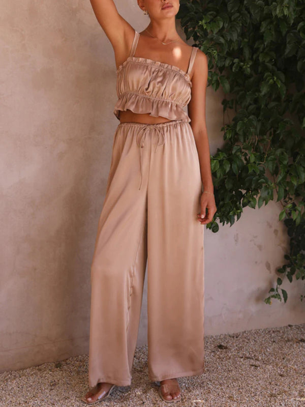 Spring and summer women’s clothing one-neck suspenders wide-leg pants fashion suit - Khaki / S