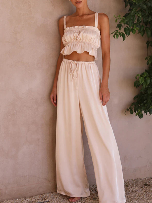 Spring and summer women’s clothing one-neck suspenders wide-leg pants fashion suit - Cracker khaki / S