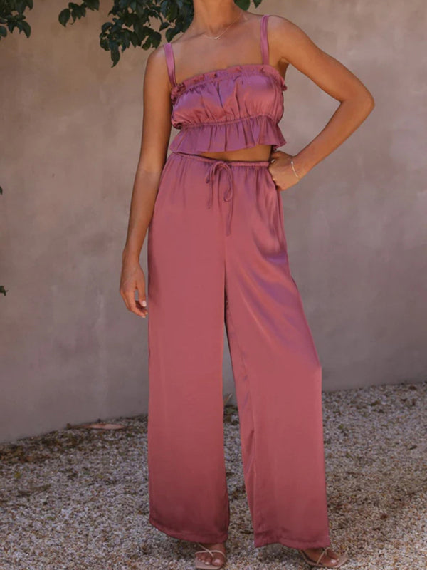 Spring and summer women’s clothing one-neck suspenders wide-leg pants fashion suit - Purple / S