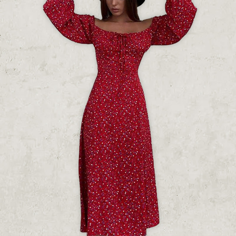 Spring Print French Floral Backless Slim Strap Slit Dress - Red print / S