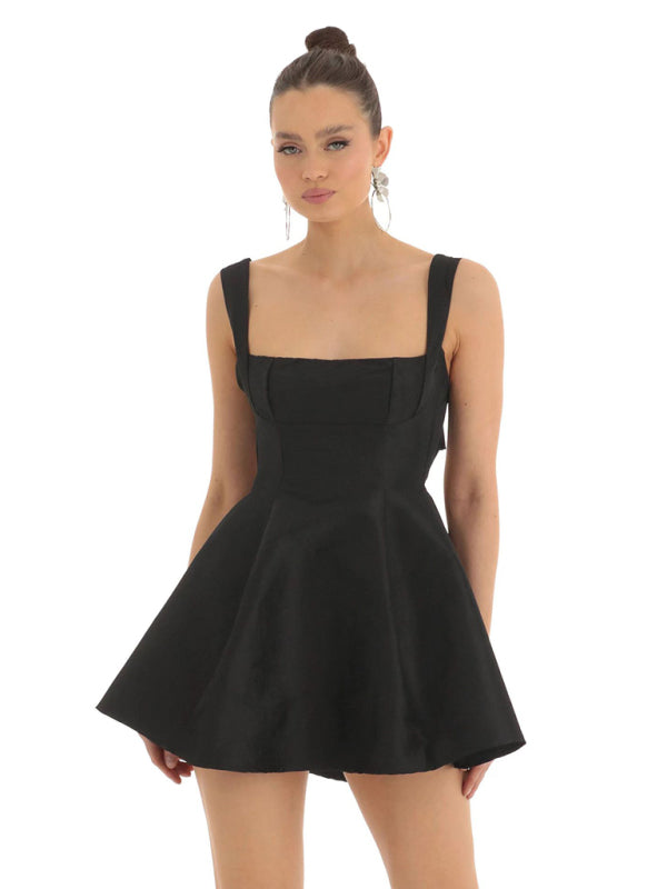 Square Neck Neck Waist Bow Knot Sling Swing Dress - Black / S