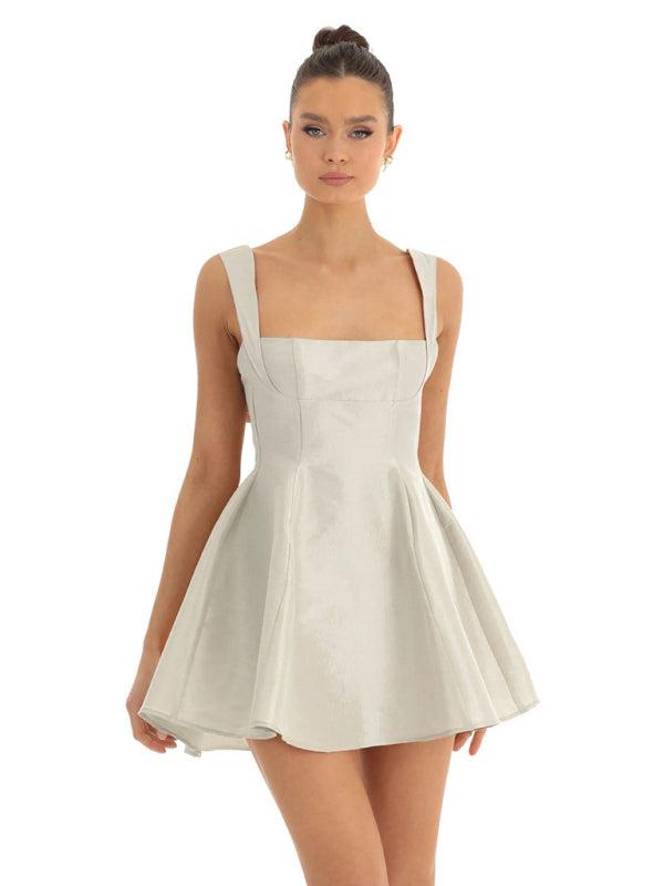Square Neck Neck Waist Bow Knot Sling Swing Dress - Cracker khaki / S