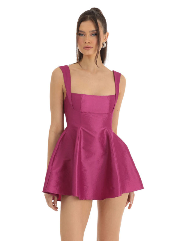Square Neck Neck Waist Bow Knot Sling Swing Dress - Red / S
