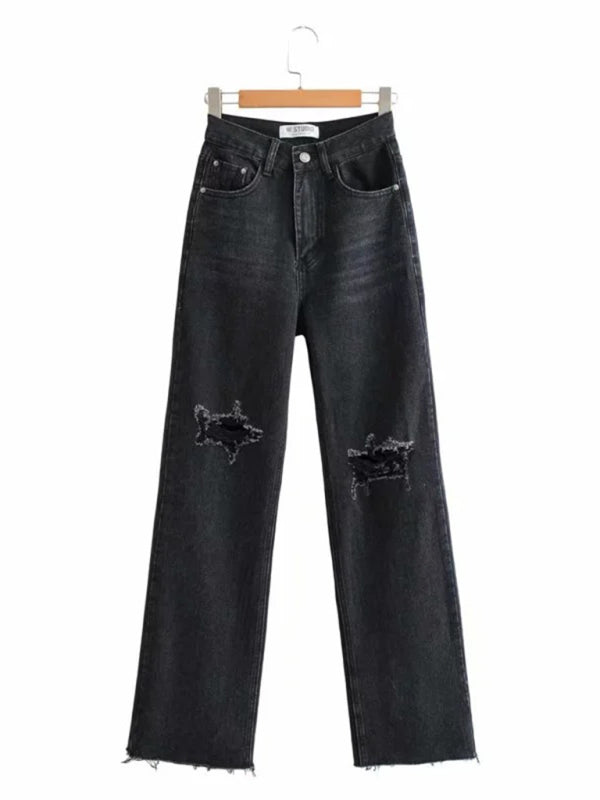 Street loose jeans ripped raw edge straight pants floor mopping pants