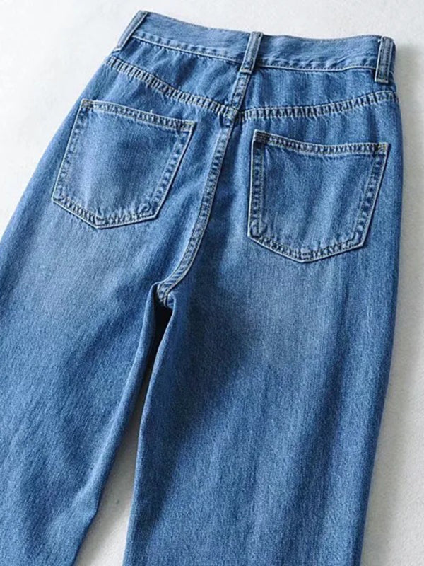 Street loose jeans ripped raw edge straight pants floor mopping pants