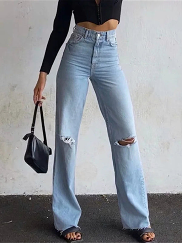Street loose jeans ripped raw edge straight pants floor mopping pants - Clear blue / XS