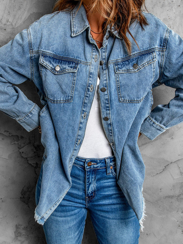 Street trendy denim lapel loose type simple blouse - Blue / S
