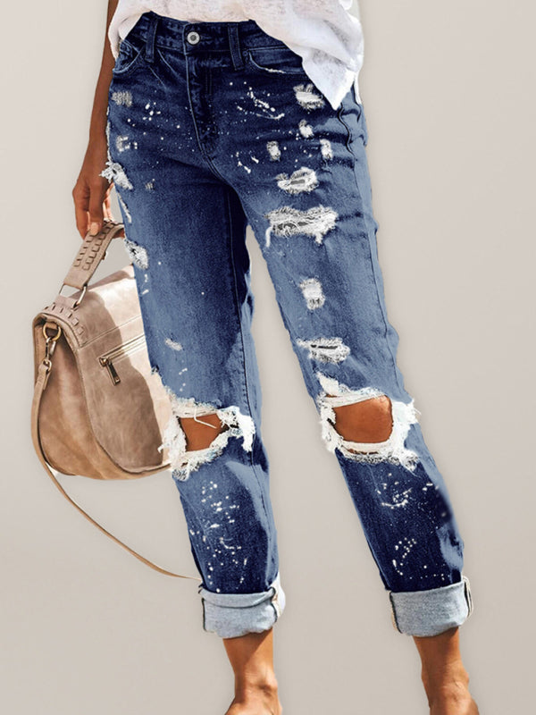 Stretch washed ripped straight-leg street style denim trousers - Purplish blue navy / S