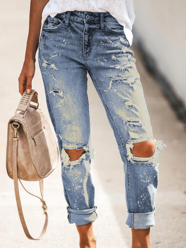Stretch washed ripped straight-leg street style denim trousers - Clear blue / S