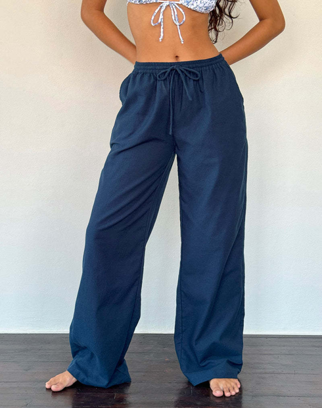 Striped drawstring casual loose straight-leg home trousers - Blue / S