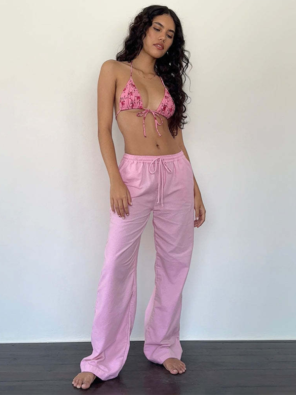 Striped drawstring casual loose straight-leg home trousers - Pink / S