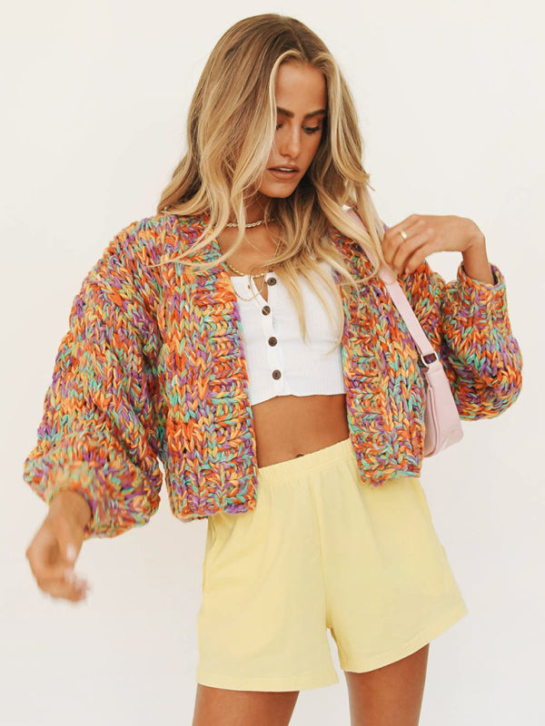 Stylish Casual Rainbow Knit Lantern Sleeve Knit Cardigan - Brown / FREESIZE