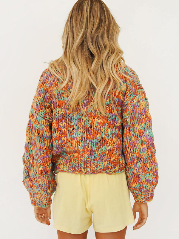 Stylish Casual Rainbow Knit Lantern Sleeve Knit Cardigan - Brown / FREESIZE