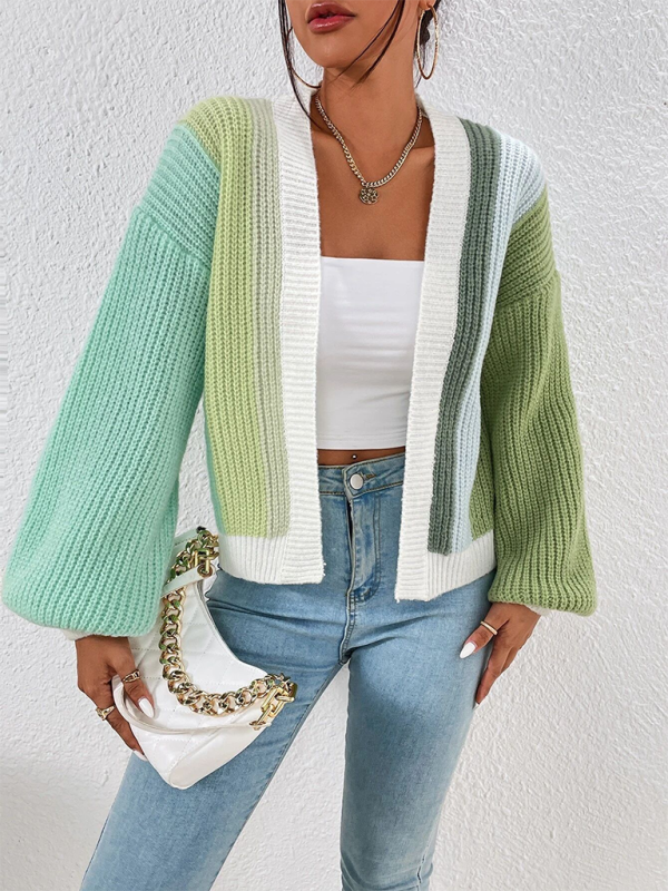 Stylish Knitted Cardigan with Contrast Colors - Green / S