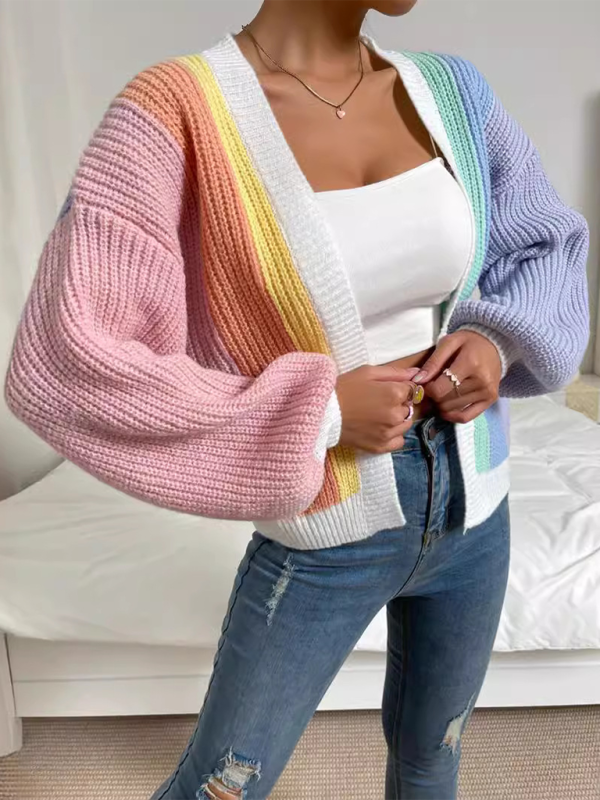 Stylish Knitted Cardigan with Contrast Colors - Medium purple / S
