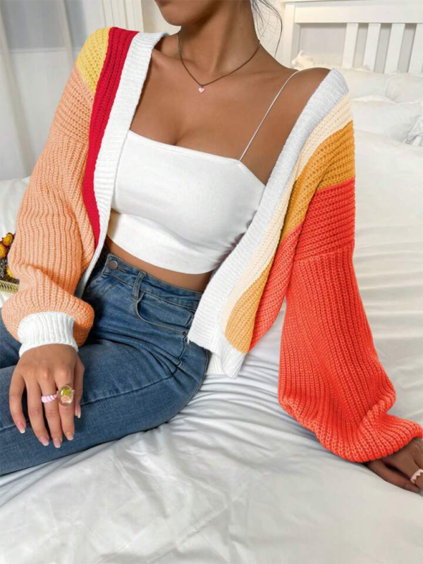 Stylish Knitted Cardigan with Contrast Colors - Orange Red / S