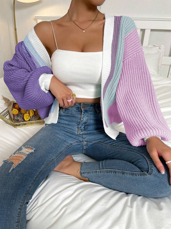 Stylish Knitted Cardigan with Contrast Colors - Purple / S