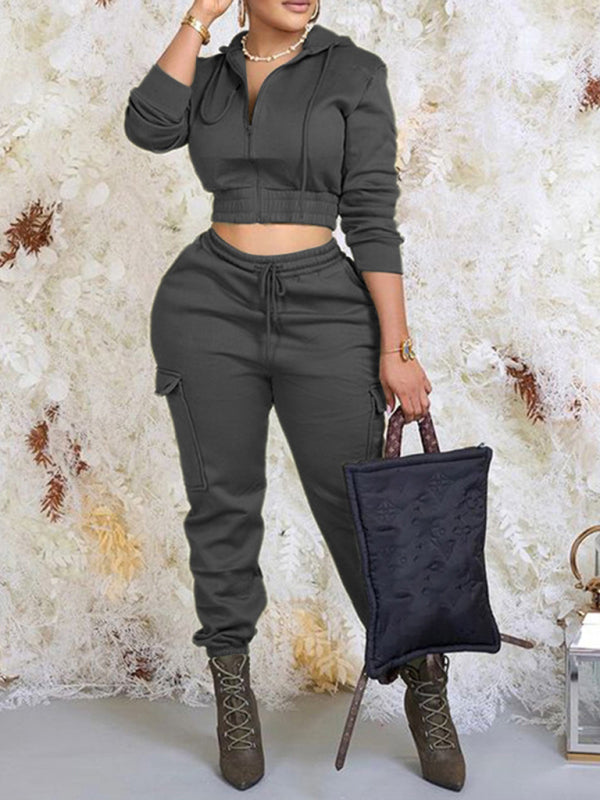 Stylish solid color cardigan hooded lace-up trousers two-piece set - Black / S