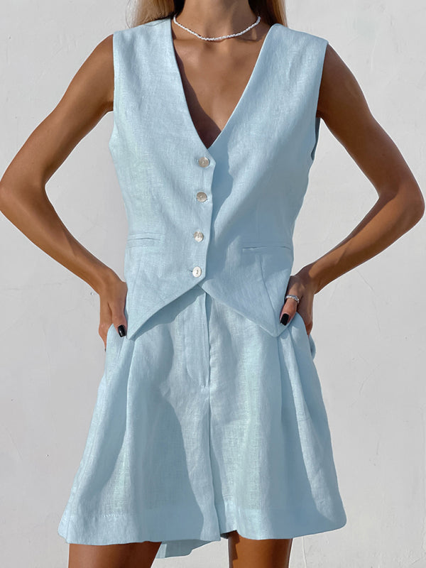 Suit Vest Suit Women’s Summer Casual Sleeveless Vest Shorts Two-piece Set - Blue / S