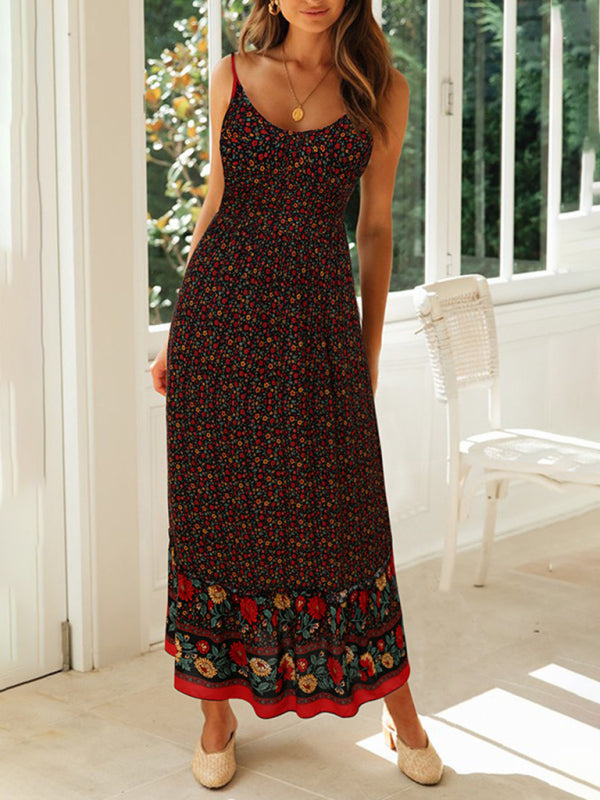 Summer new big swing skirt Bohemian V-neck suspender floral dress - Black / S