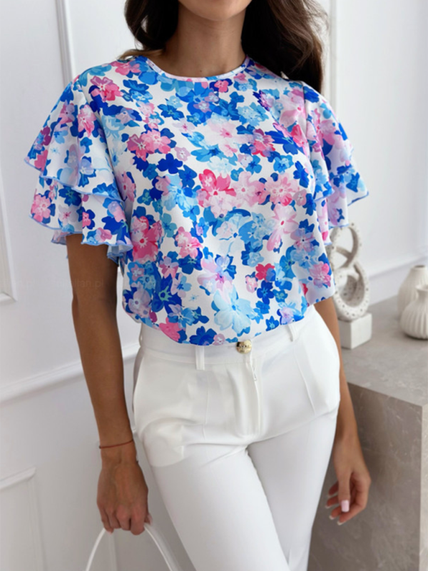 Summer printed ruffle sleeves round neck simple short-sleeved tops