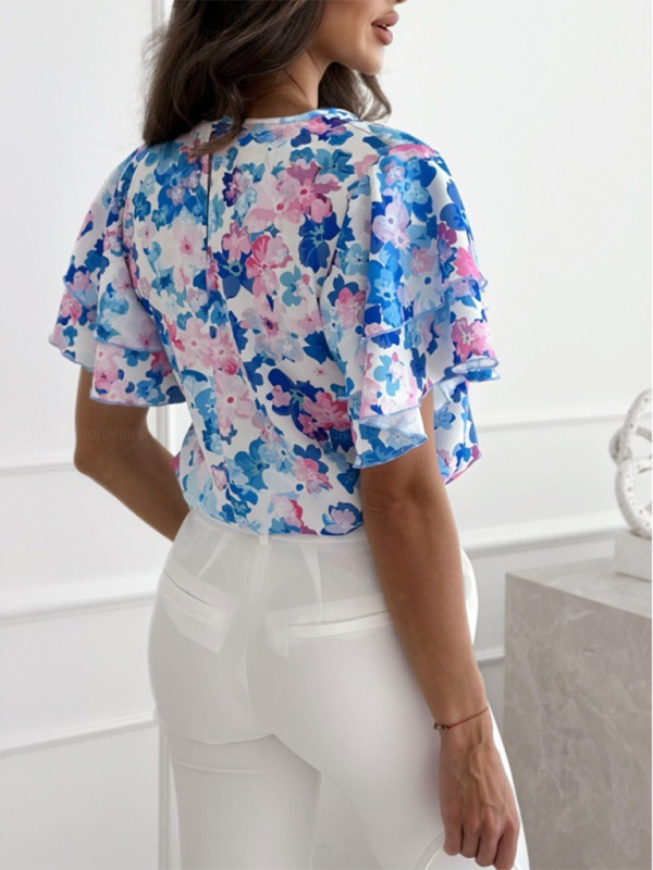 Summer printed ruffle sleeves round neck simple short-sleeved tops
